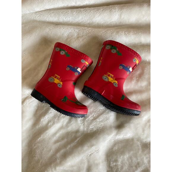 Joules London US 5 Red Rain Boot Construction Trucks Vehicles Rubber GUC England - Picture 1 of 7